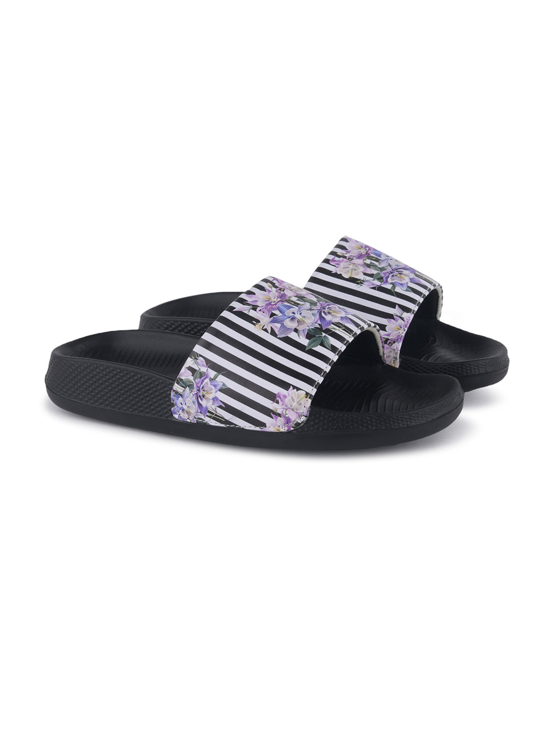 walk & walker Women Slides (Black, White , 8)