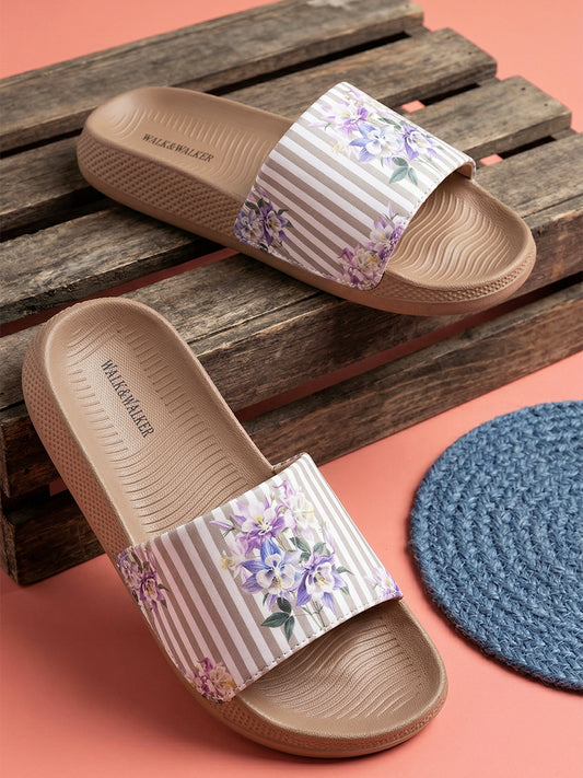 walk & walker Women Slides (Beige, White , 4)